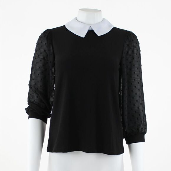 CeCe Collared Clip Dot Sleeve Top in Rich Black - Picture 2 of 6